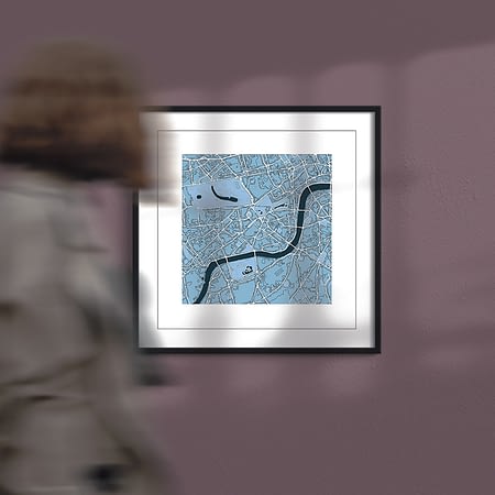 Woman walking past London, “cool blue” colour scheme, square print