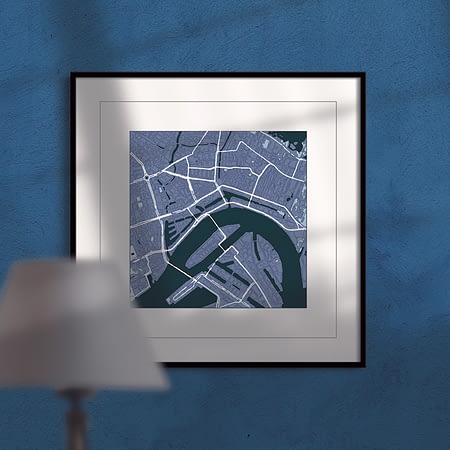 rotterdam, cool blue, square framed wall art, city map